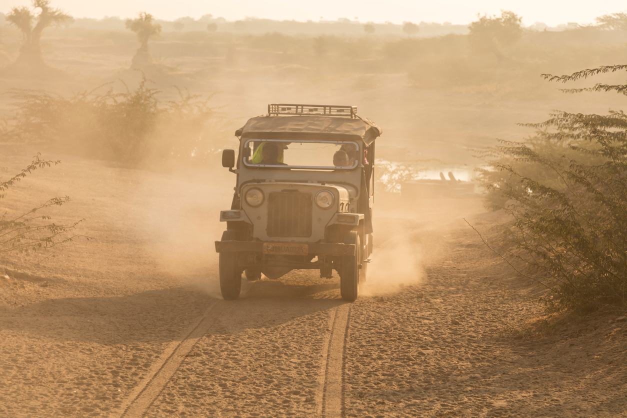 Jeep driving desert road on safari in India
